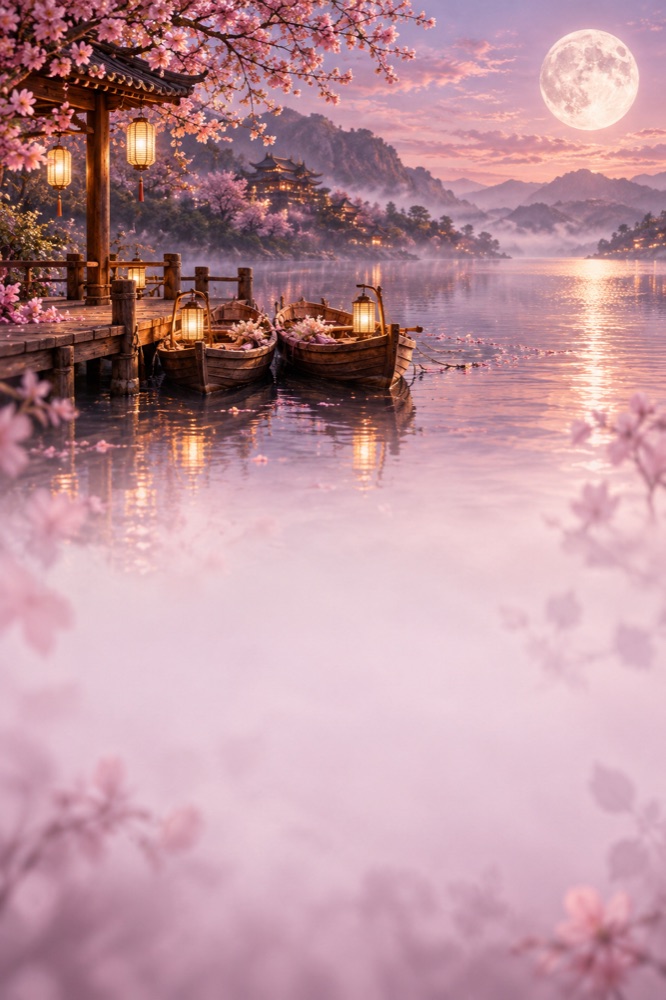 月光下的东方湖畔与花影